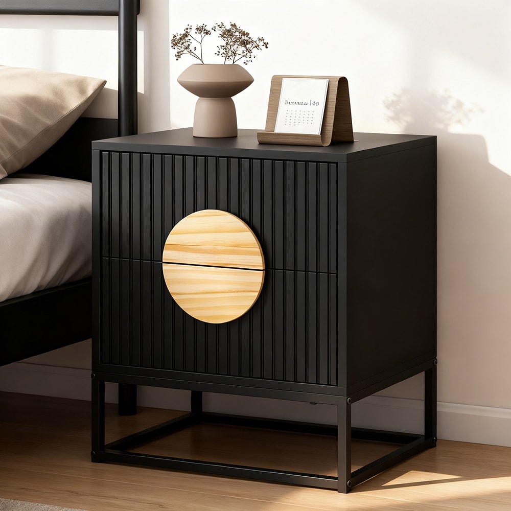 Modern Mid Century Fluted Nightstand With 2 Drawers And Pine Wood Handles For Bedroom_voghion.com
